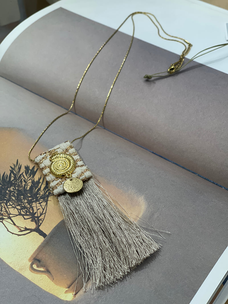 AMMOS NECKLACE - Bronze Woven Fabric Necklace With Gold Shell