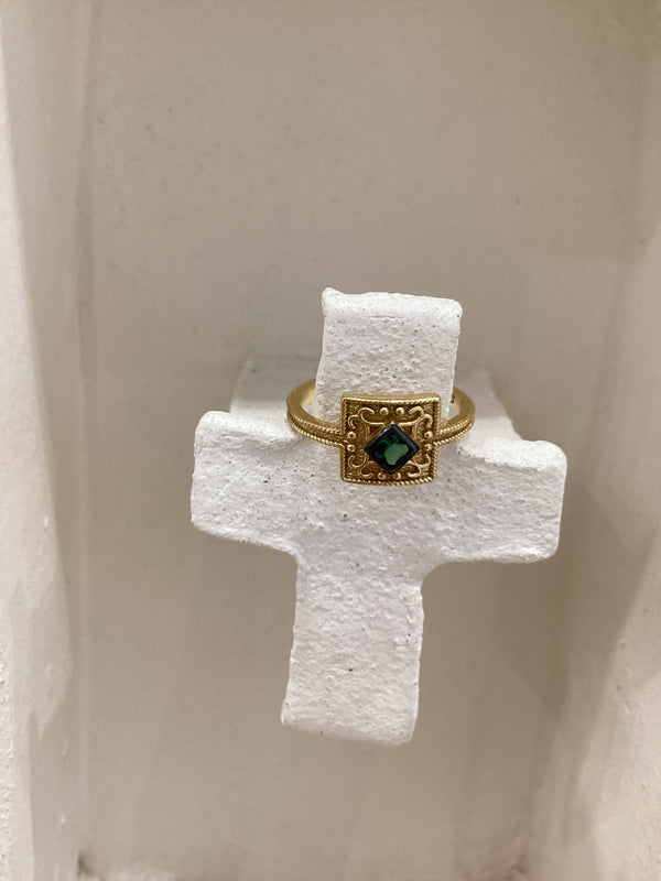 Gold Square Byzantine ring with Coloured Zircon #2