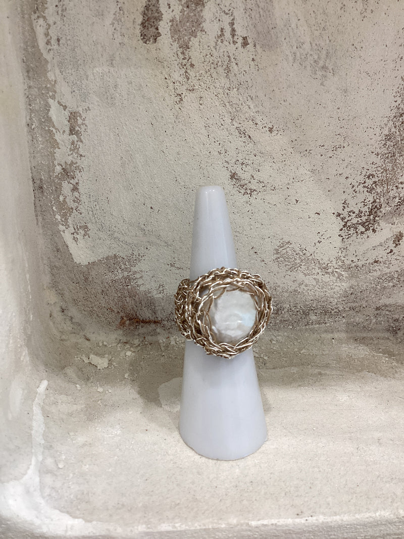 Greek Pearl Silver Crochet Ring by Hara Karamichali