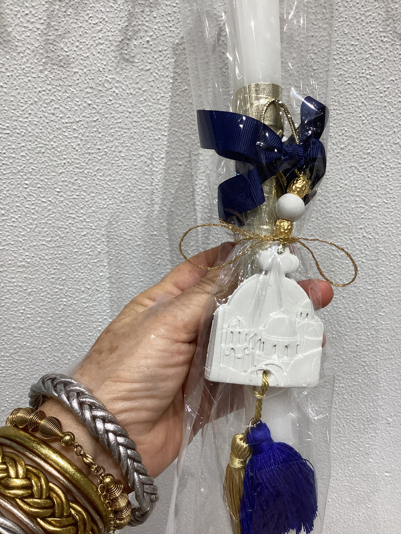 Greek Easter Lambatha Candle with blue ribbon and Church