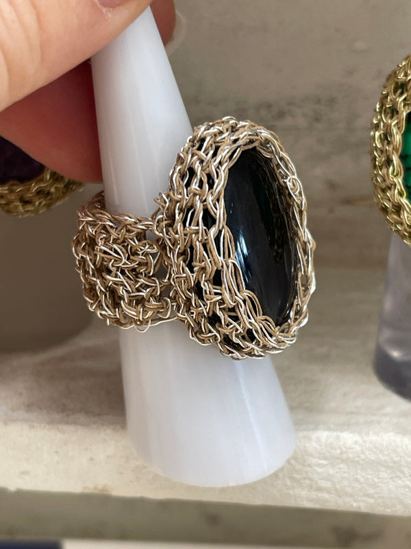 Greek  Silver Crochet Ring with Onyx gemstone by Hara Karamichali