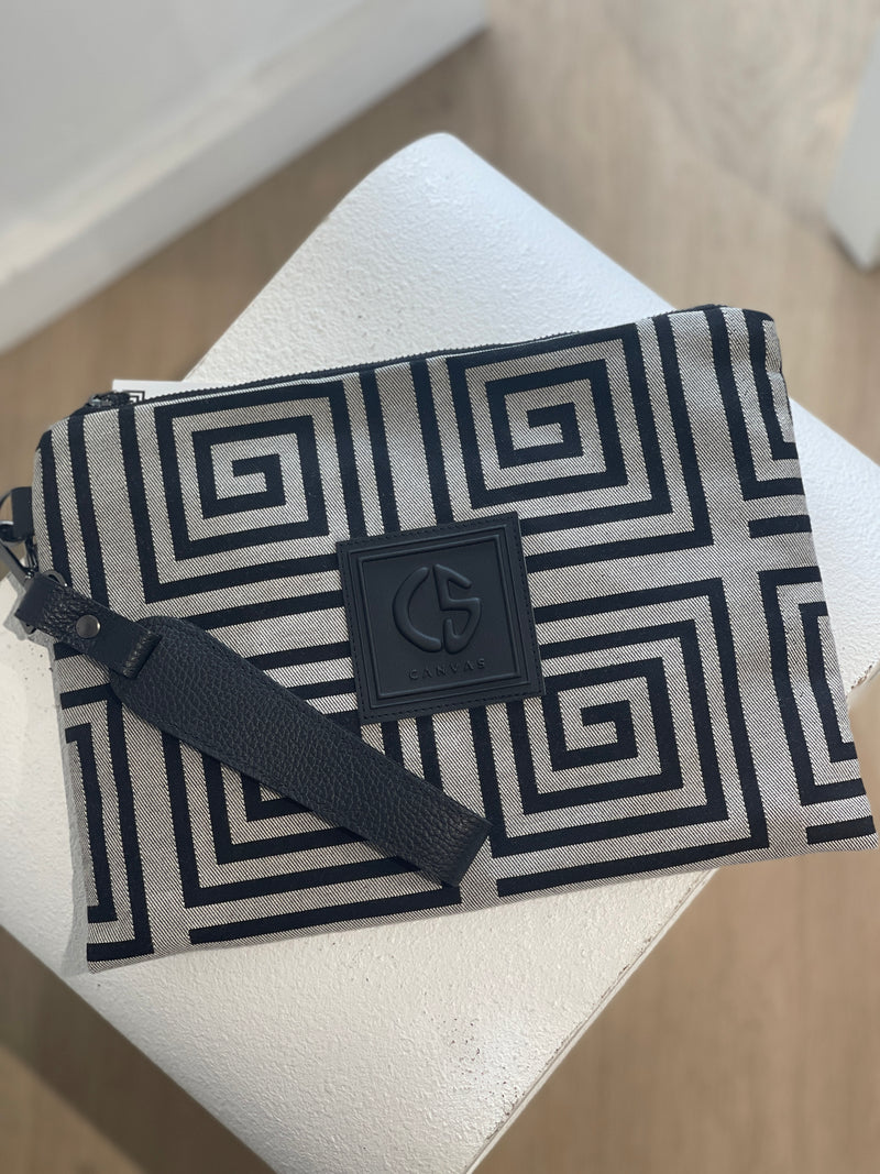 Amelia #2 Greek Key cotton and Leather Clutch