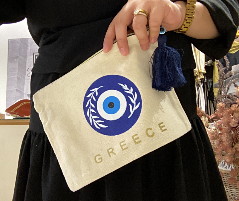 Greek Mati Cotton Pouch with Tassel - Blue/Gold