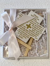 GREEK LORD’S PRAYER - GOLD WRITING CERAMIC CROSS WITH STAND