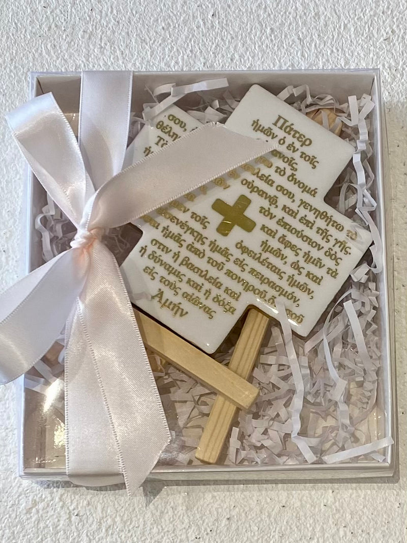 GREEK LORD’S PRAYER - GOLD WRITING CERAMIC CROSS WITH STAND