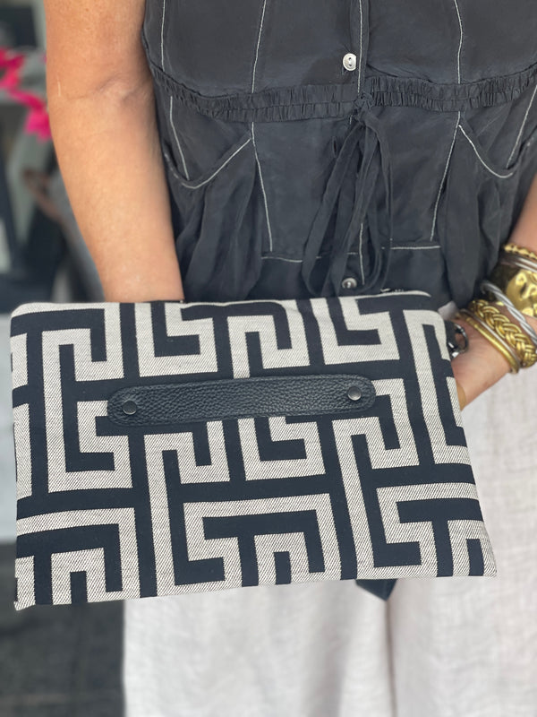 Amelia #1 Greek Key cotton and Leather Clutch - Black and Ecru