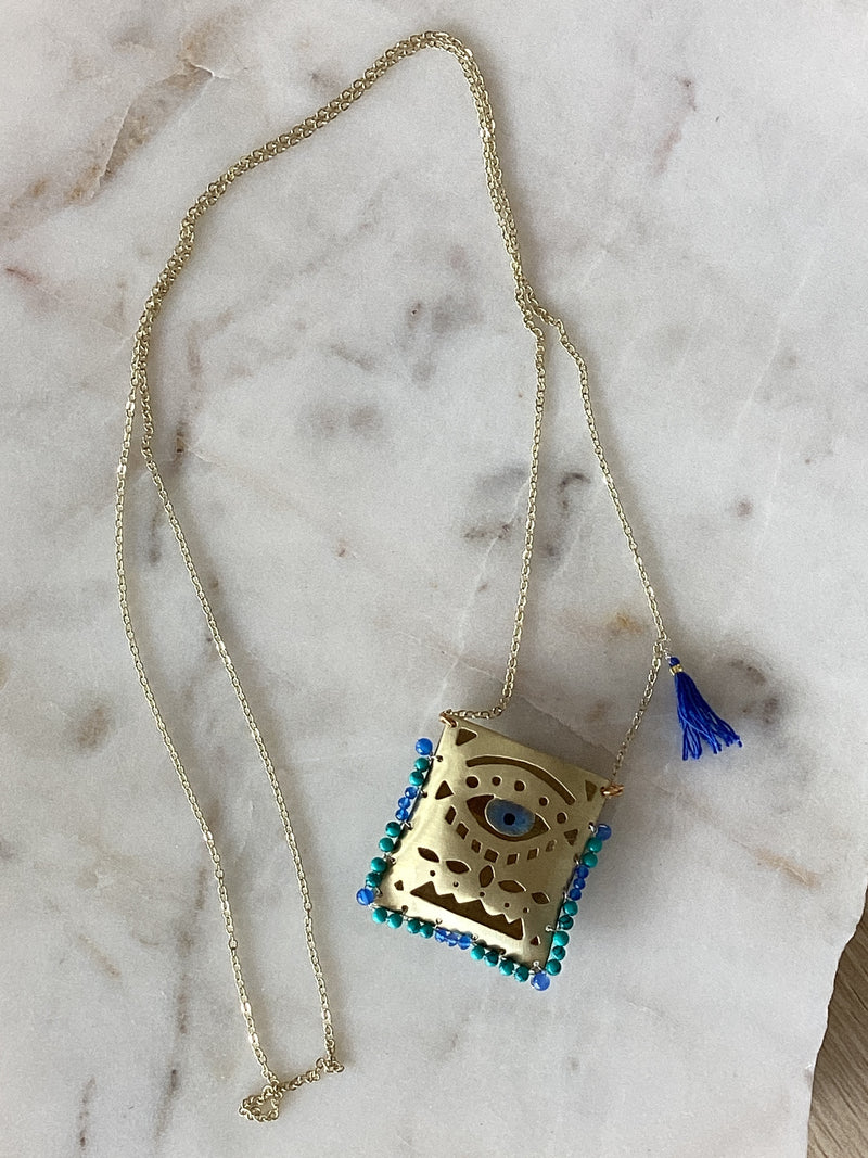 Greek Mati Gold Tagari necklace - Turquoise