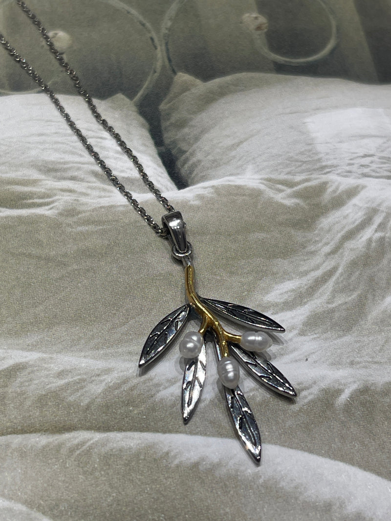 925 Sterling Silver Rhodium Plated Olive Branch Necklace with Freshwater Pearls -Gold Detail