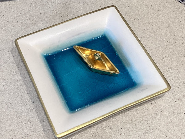 Greek ceramic small plate with gold boat