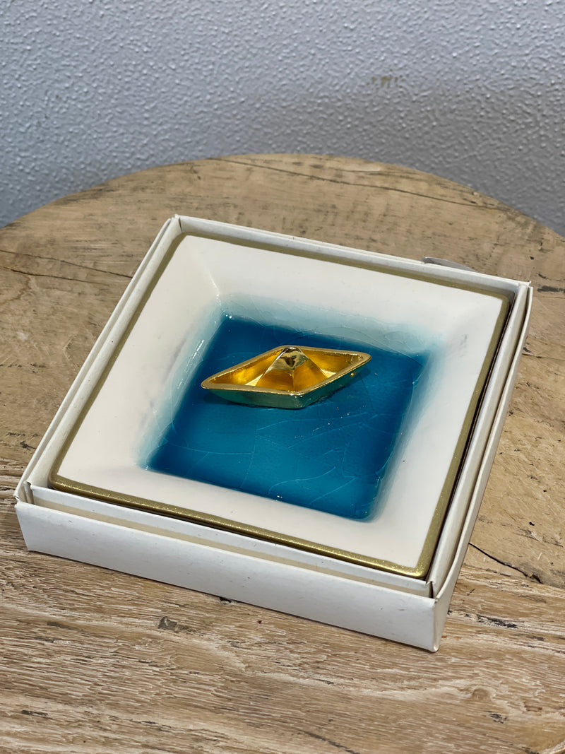 Greek ceramic small plate with gold boat