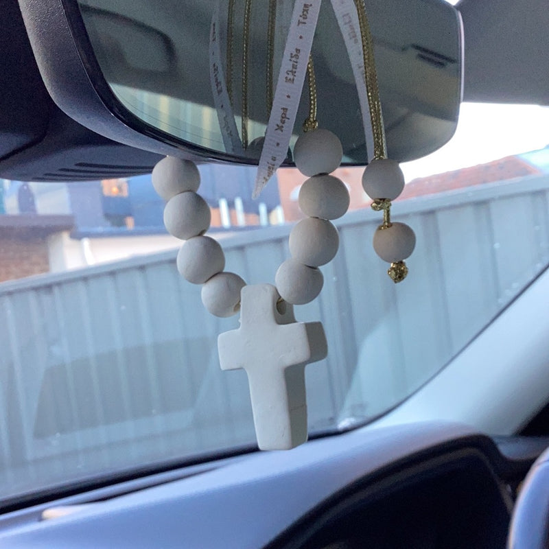 Adjustable Hand made White Beaded Cross -Car charm