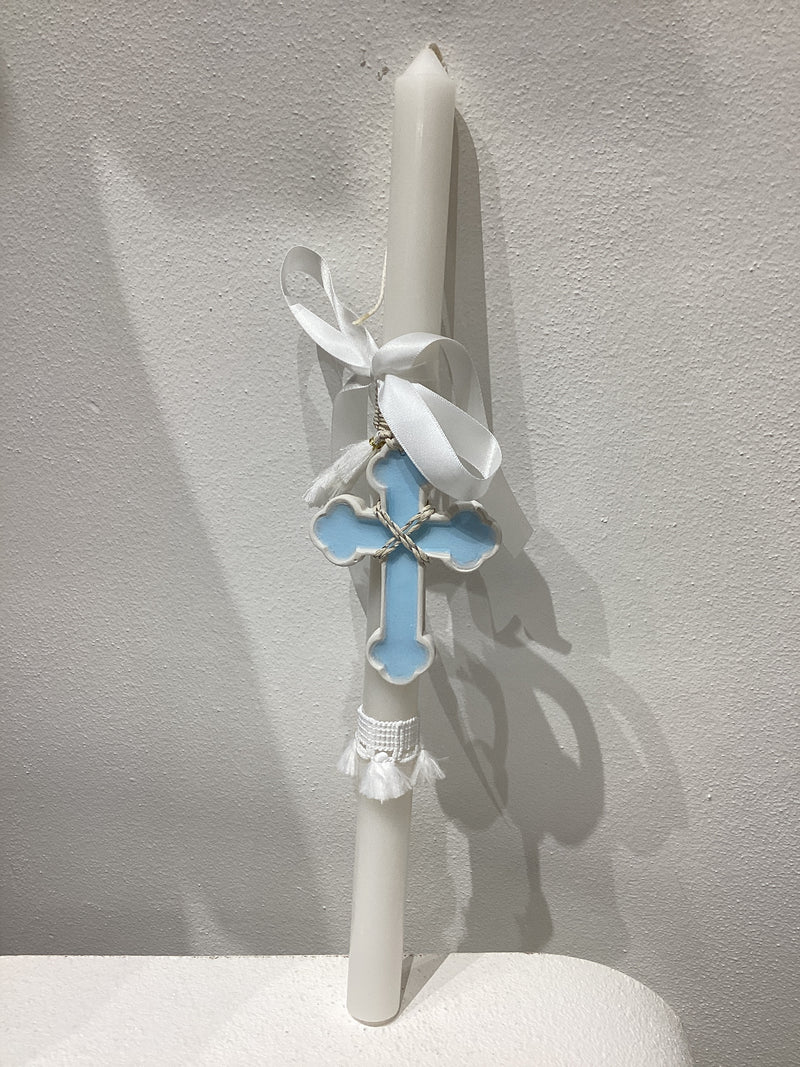 Greek Easter Lambatha Candle with light blue ceramic Cross