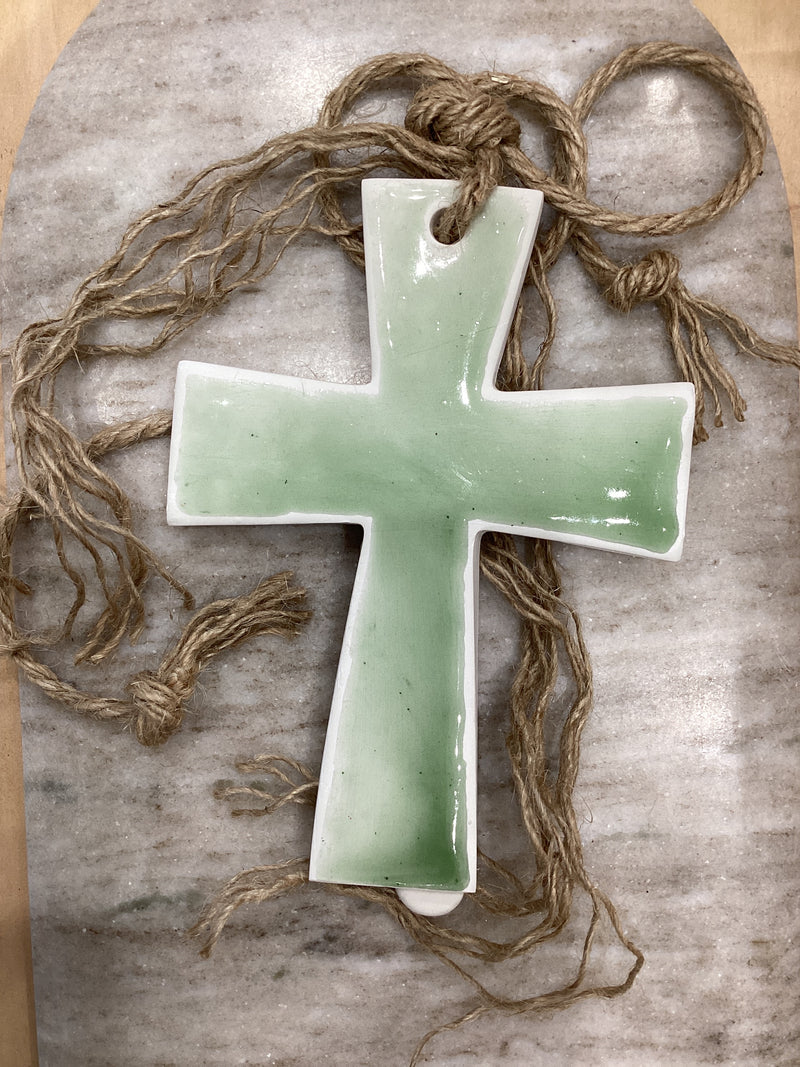 Green Handmade ceramic Cross with Rope