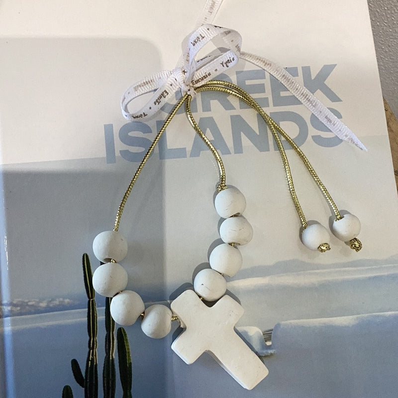 Adjustable Hand made White Beaded Cross -Car charm