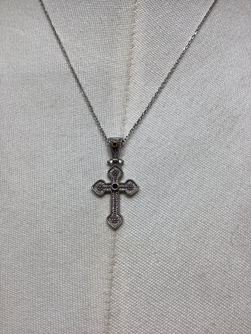 Sterling Silver Byzantine cross - Blue Zircon