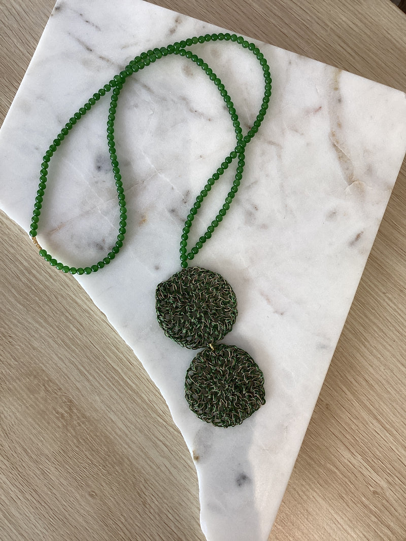 Greek long hand crochet Disc necklace - Green by Hara Karamichali