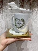 Yiayia ( Γιαγια) mug and coaster set with wreath heart