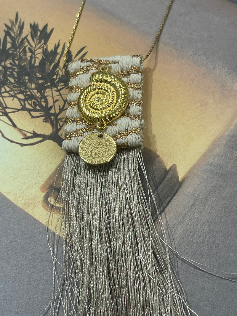 AMMOS NECKLACE - Bronze Woven Fabric Necklace With Gold Shell