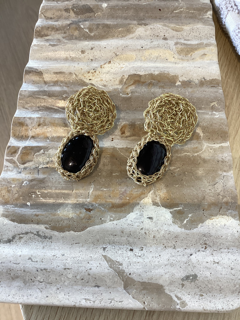 Hand crochet Black Onyx Earrings by Hara Karamichali