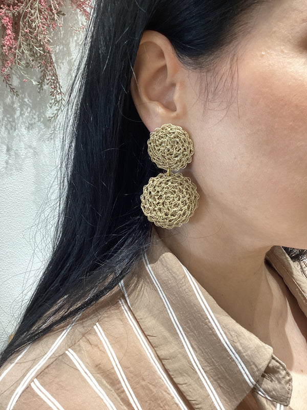 Hand crochet Gold Double Disc Earrings by Hara Karamichali