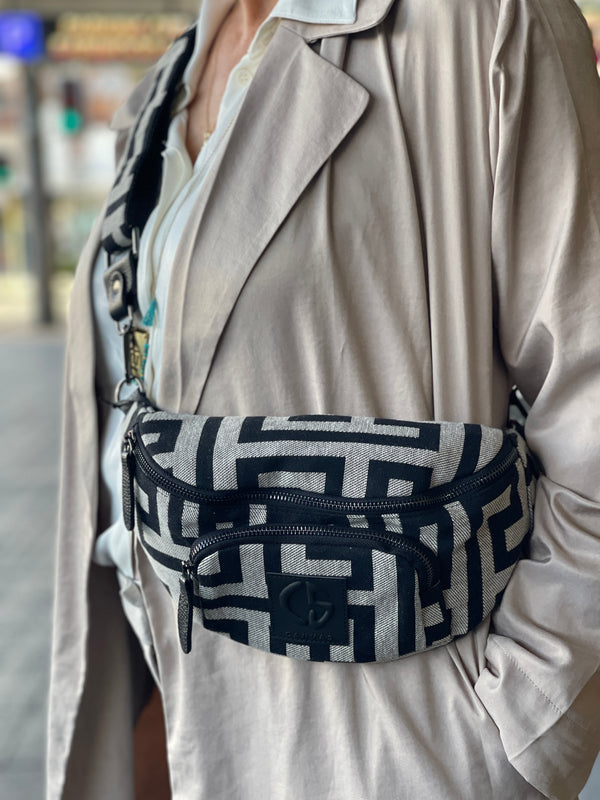 IERIA IV - Greek Key Cross Body Bag - Black and Ecru