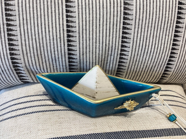 Blue ceramic boat with gold shell