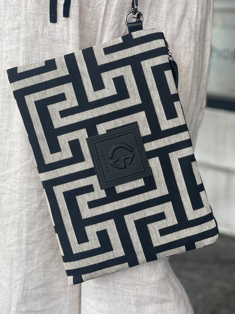 Amelia #1 Greek Key cotton and Leather Clutch - Black and Ecru