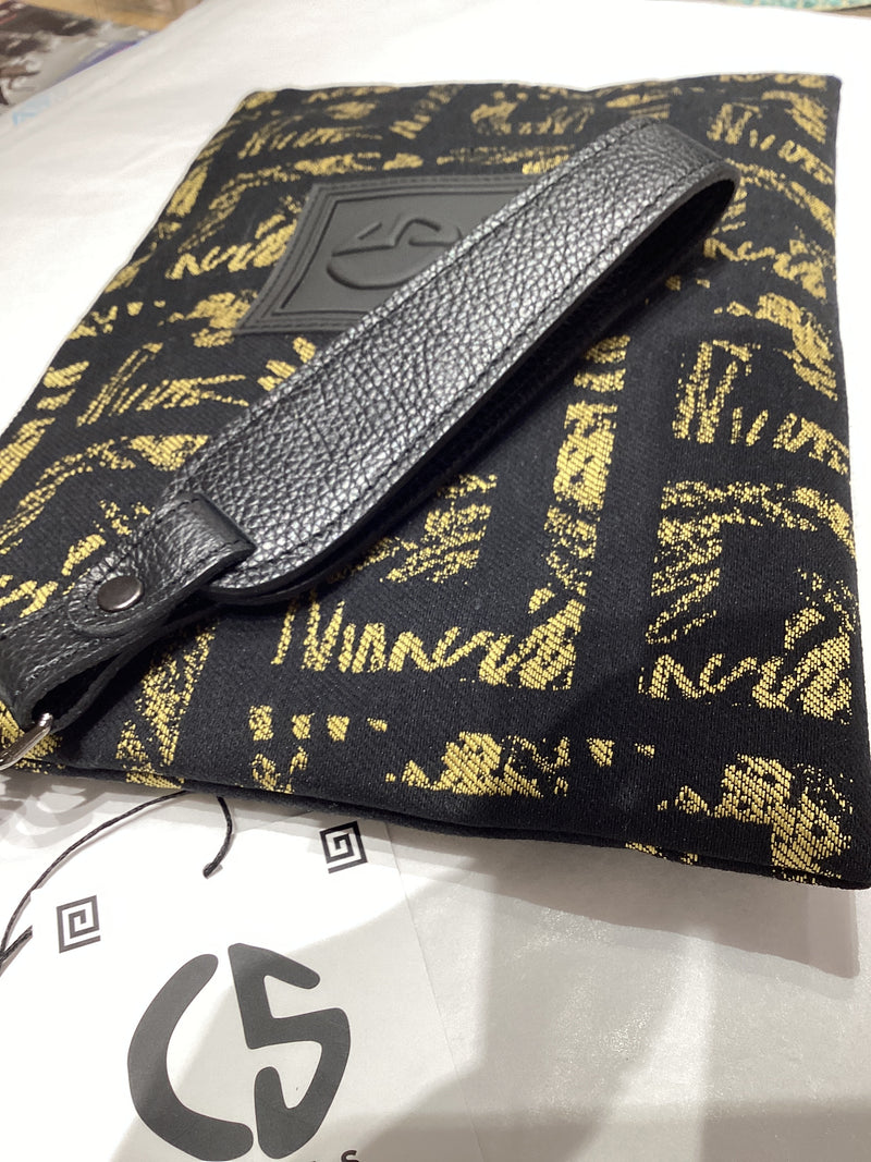 Amelia #8 Greek Key cotton and Leather Clutch Black and Gold