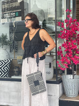 Amelia #2 Greek Key cotton and Leather Clutch