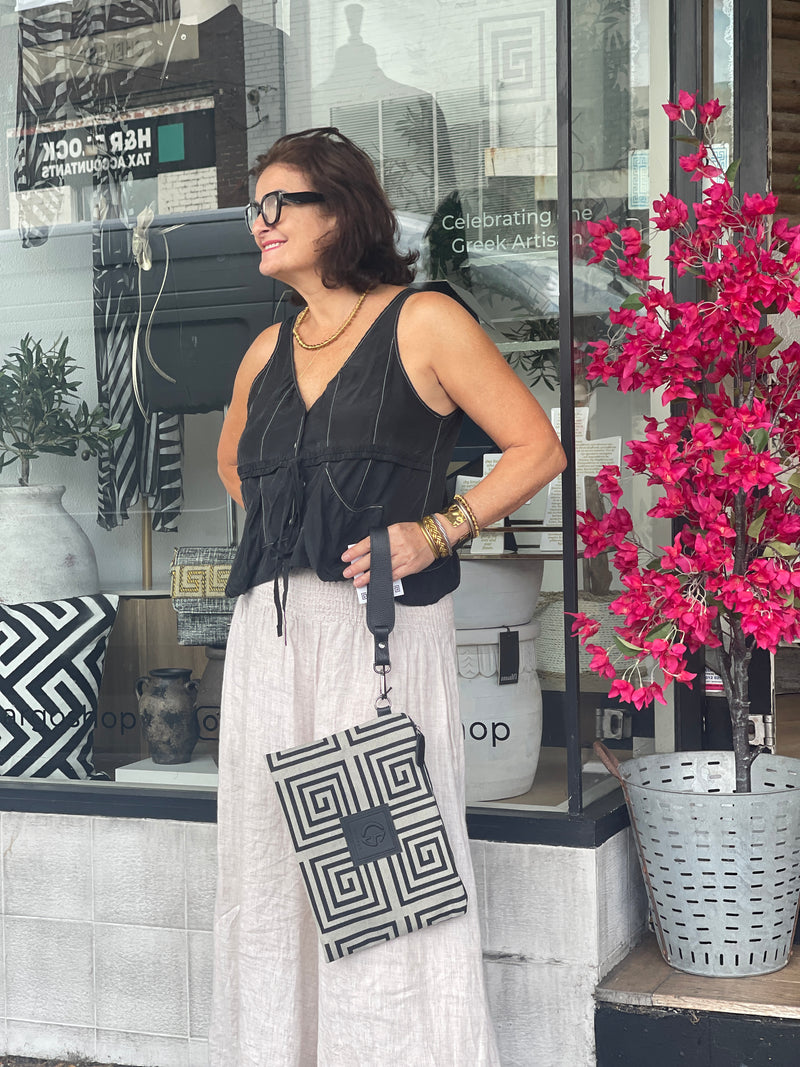 Amelia #2 Greek Key cotton and Leather Clutch