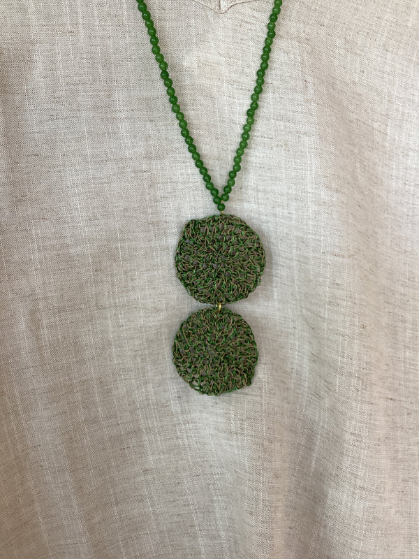 Greek long hand crochet Disc necklace - Green by Hara Karamichali