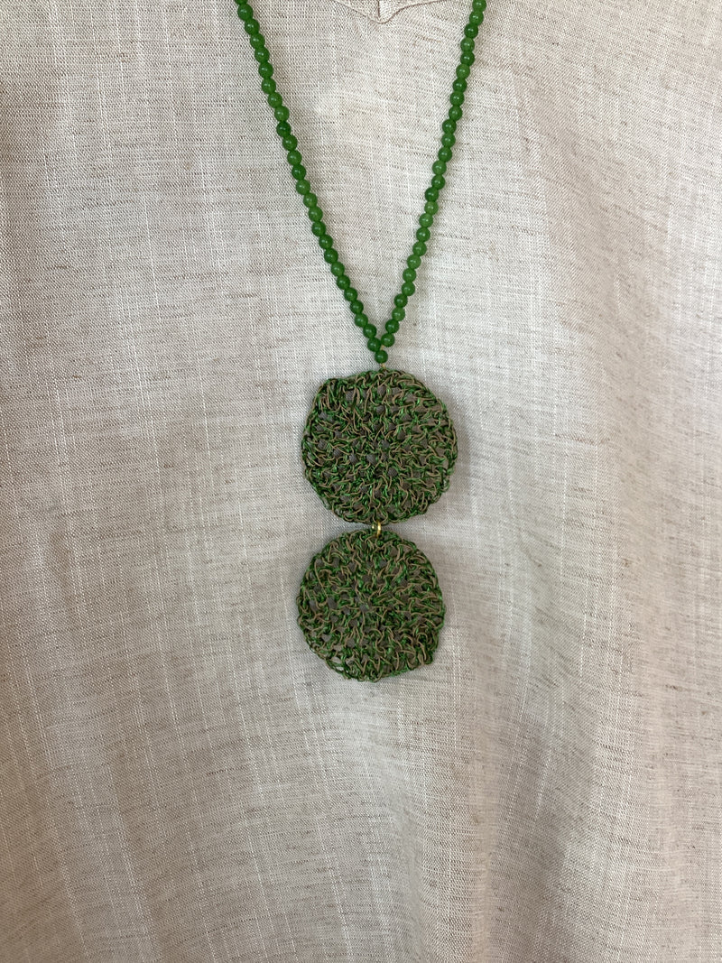 Greek long hand crochet Disc necklace - Green by Hara Karamichali