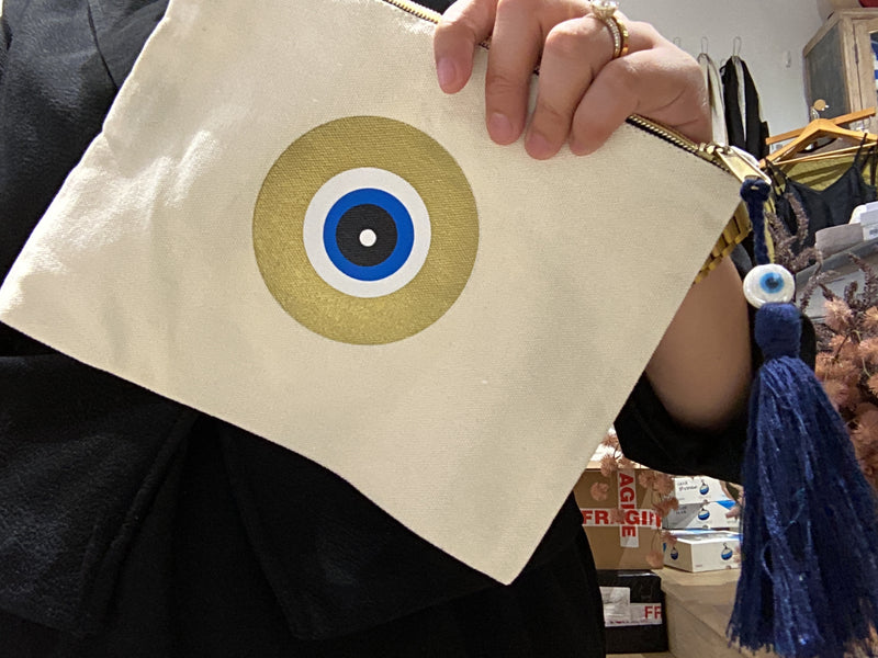 Greek Mati Cotton Pouch with Tassel - Blue/Gold