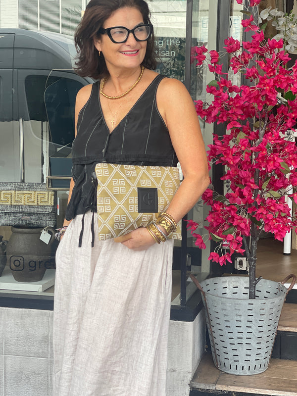 Amelia #3 Greek Key cotton and Leather Clutch Gold and Cream