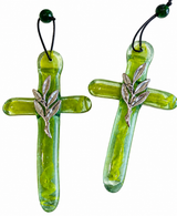 Handmade Glass Cross with Olive Leaf - Green (Medium)