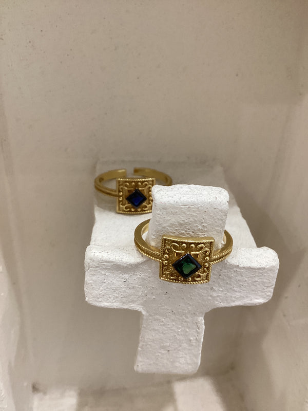 Gold Square Byzantine ring with Coloured Zircon #2