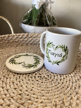 Yiayia ( Γιαγια) mug and coaster set with wreath heart