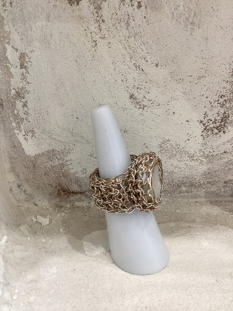 Greek Pearl Silver Crochet Ring by Hara Karamichali