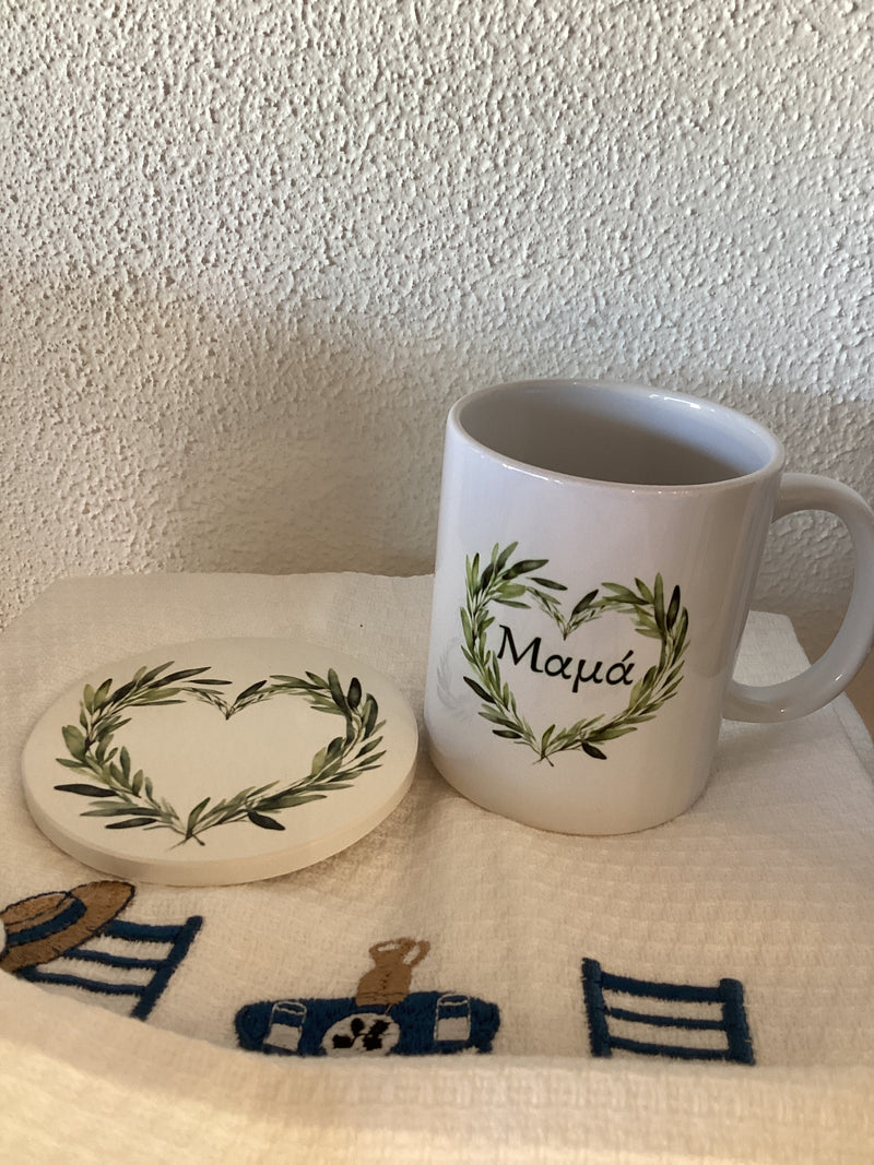 Mum (Μαμα) mug and coaster set with wreath heart