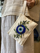 Greek Key Olive branch and Blue Mati cotton Greek pouch