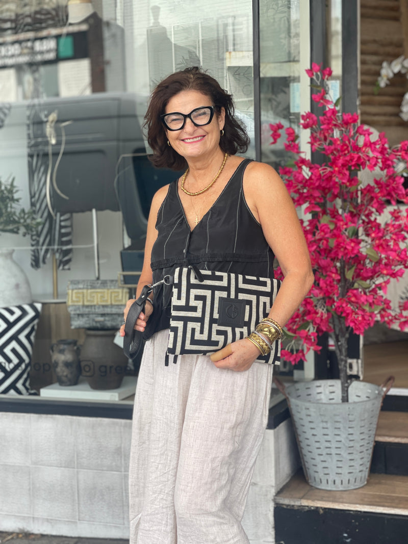 Amelia #1 Greek Key cotton and Leather Clutch - Black and Ecru