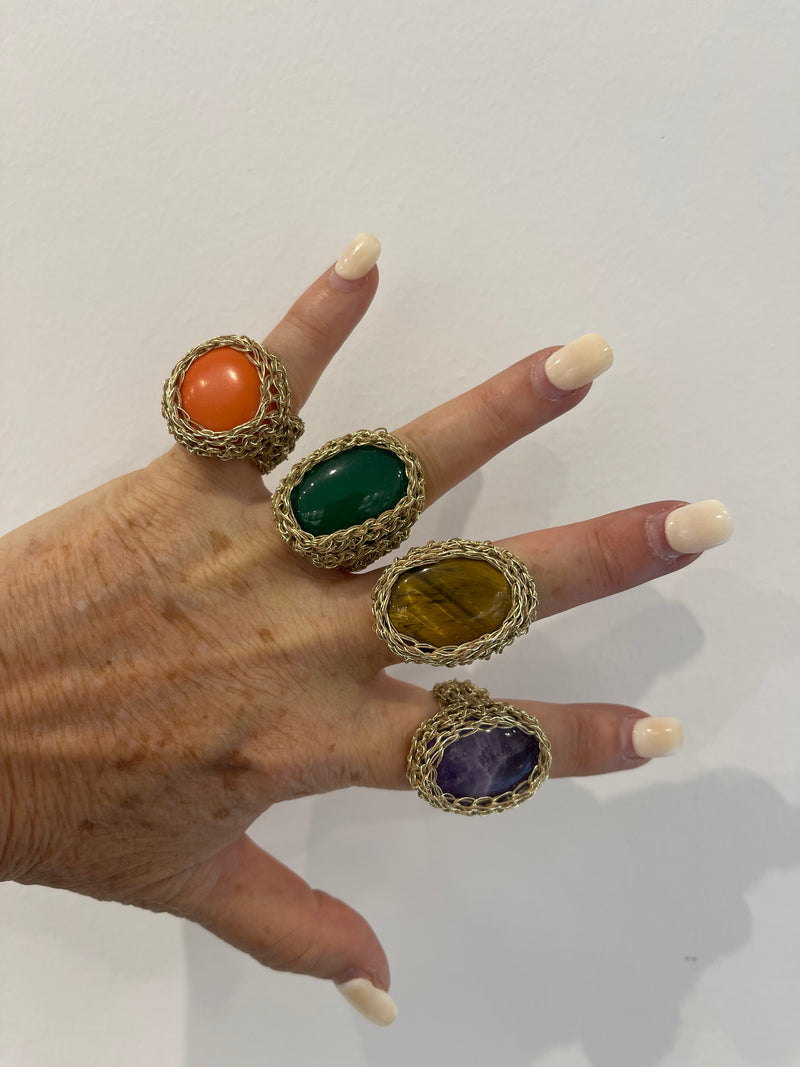 Greek Semi Precious Stone Gold Crochet Ring