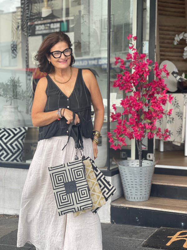 Amelia #2 Greek Key cotton and Leather Clutch