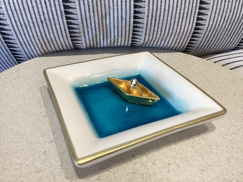 Greek ceramic small plate with gold boat