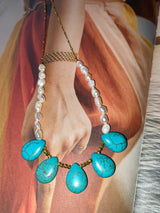 ΙΩΣΗΦΙΝΑ designer necklace - Sterling Silver, 18 Karat Gold Plated, Fresh Water Pearl And Turquoise