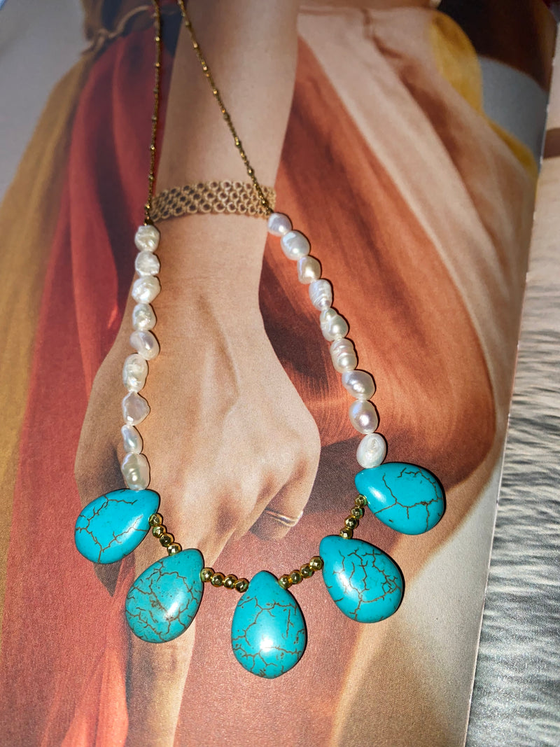 ΙΩΣΗΦΙΝΑ designer necklace - Sterling Silver, 18 Karat Gold Plated, Fresh Water Pearl And Turquoise