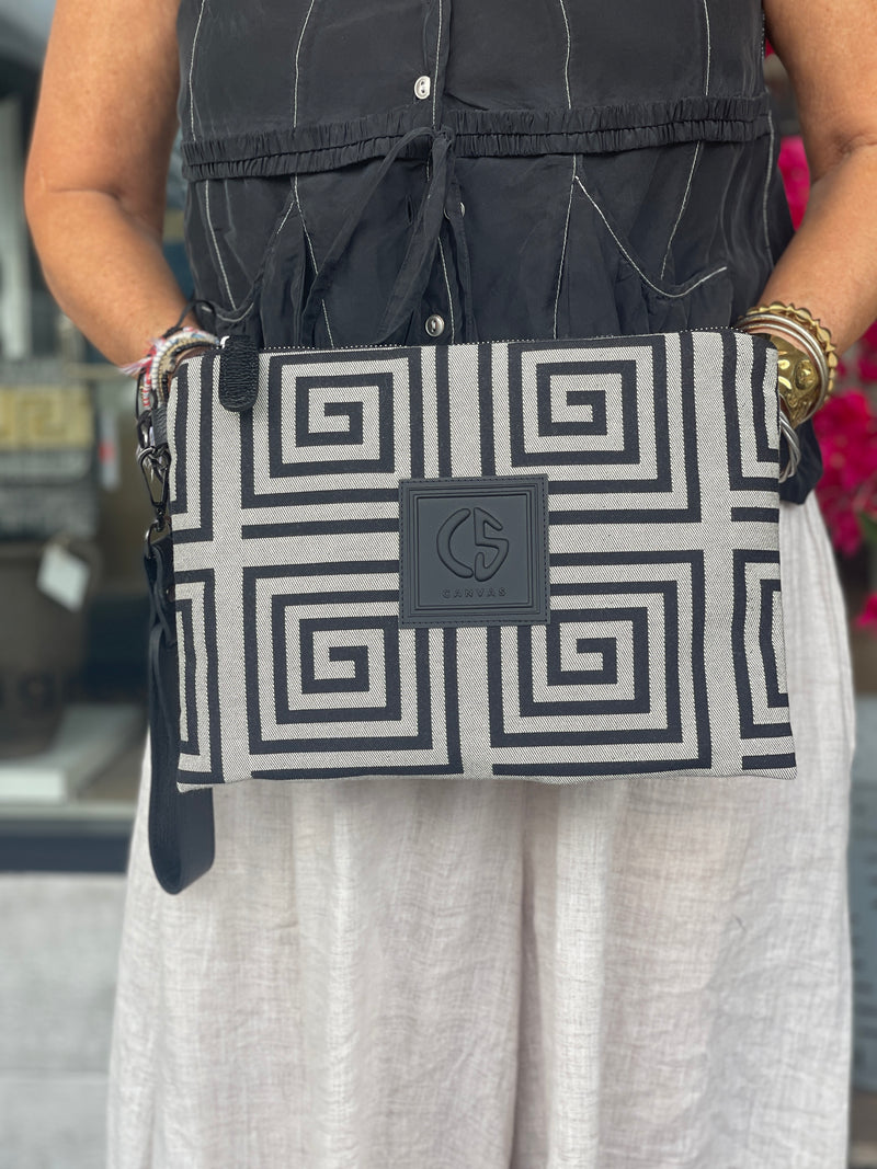 Amelia #2 Greek Key cotton and Leather Clutch