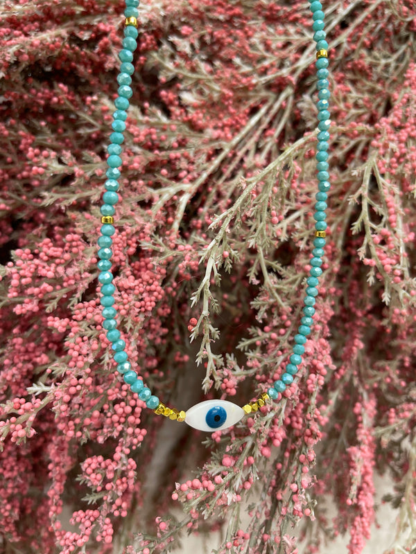 Mother of Pearl Mati (evil eye) blue crystal necklace