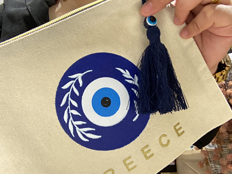 Greek Mati Cotton Pouch with Tassel - Blue/Gold