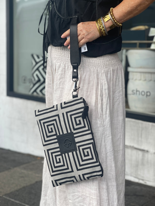 Amelia #2 Greek Key cotton and Leather Clutch